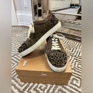 Christian Louboutin Taupe Sued Spiked Sneakers
